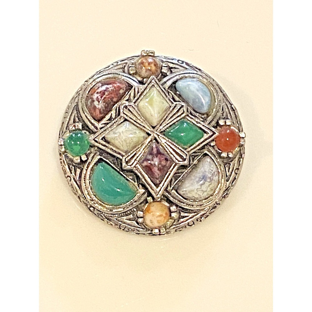 Vintage Scottish Agate Stone Silver Tone Brooch 1.5" Green Blue Red